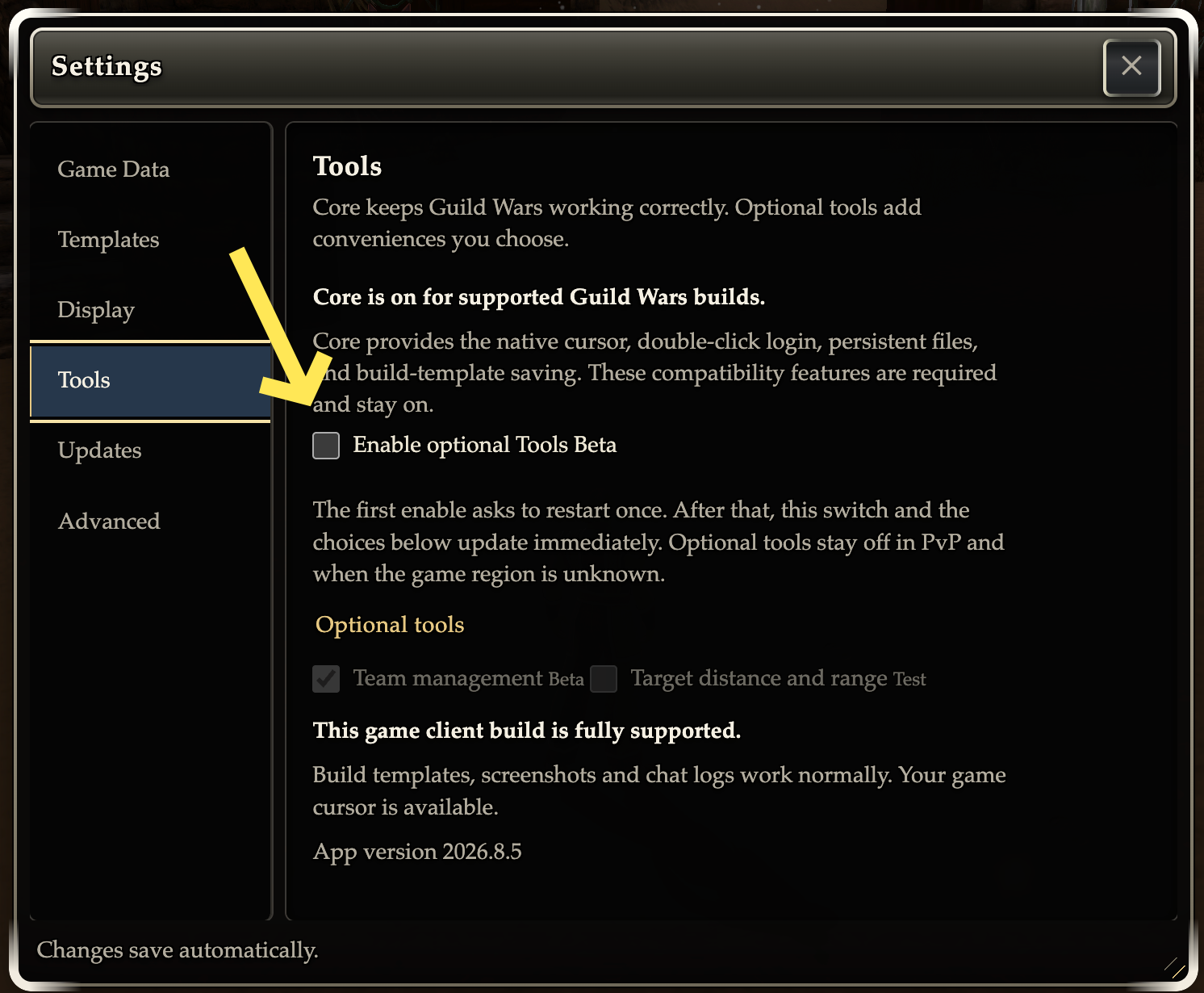 Enable GWonMac Tools Beta under Settings and Controls