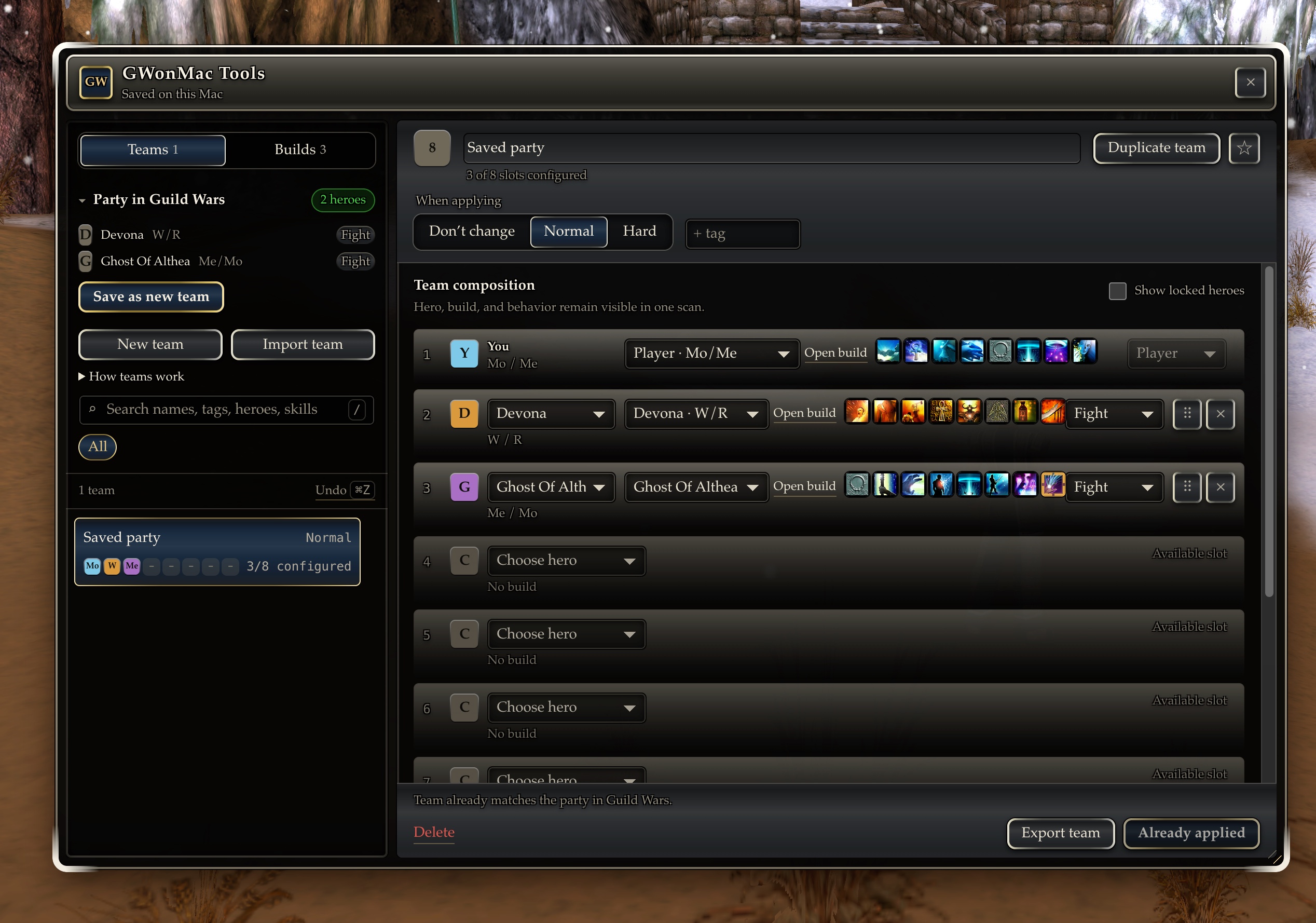 A saved player-and-hero team open in GWonMac Tools