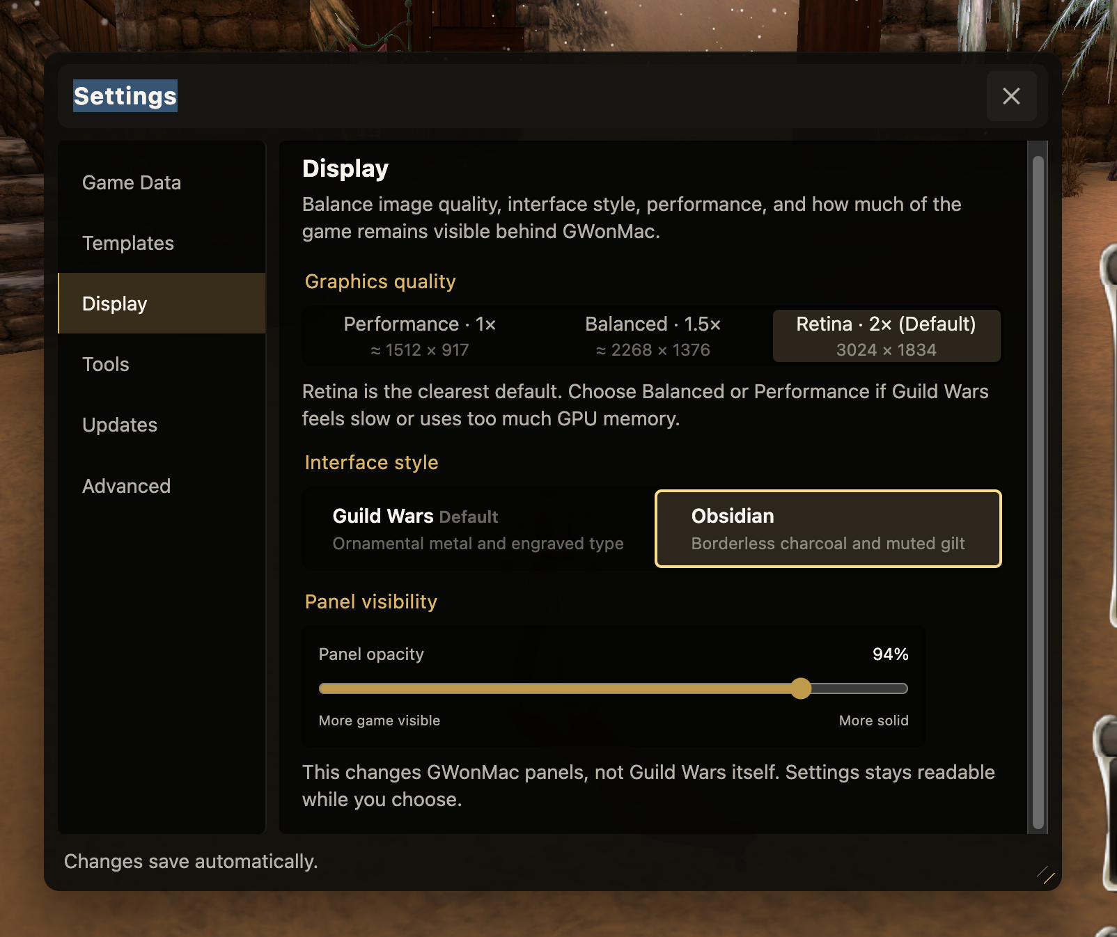 The borderless Obsidian interface style in GWonMac Settings