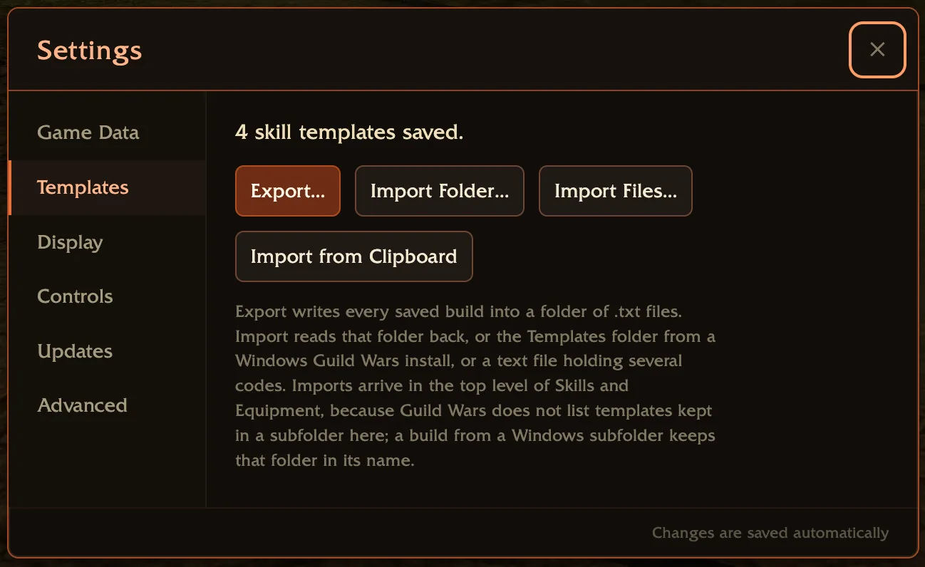 The Templates pane in GWonMac Settings: Export, Import Folder, Import Files, and Import from Clipboard, above a count of saved templates